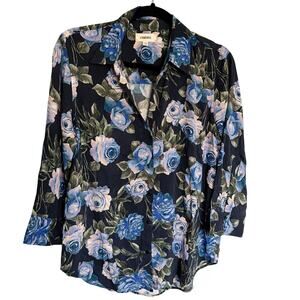 L'AGENCE, Size Small, Navy Floral Button Up Blouse, V-Neck, Viscose, Luxury